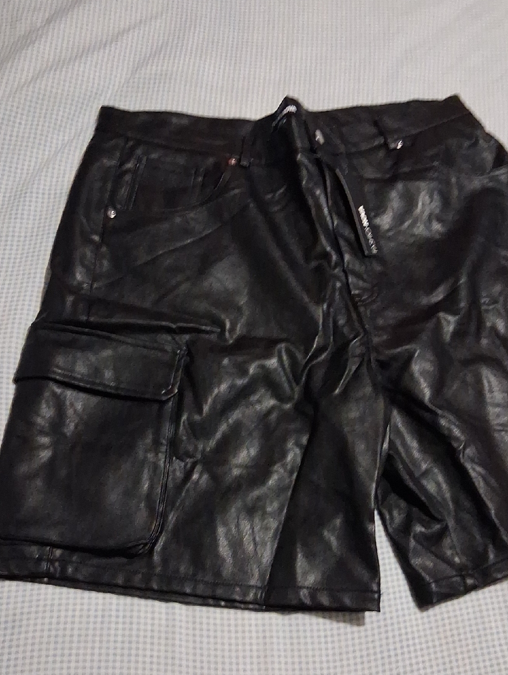 Women Black Faux Leather Cargo Shorts - Unbranded